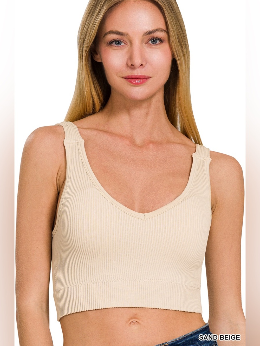 Zenana SEAMLESS RIBBED CROPPED BRA PADDED V-NECK TANK TOP